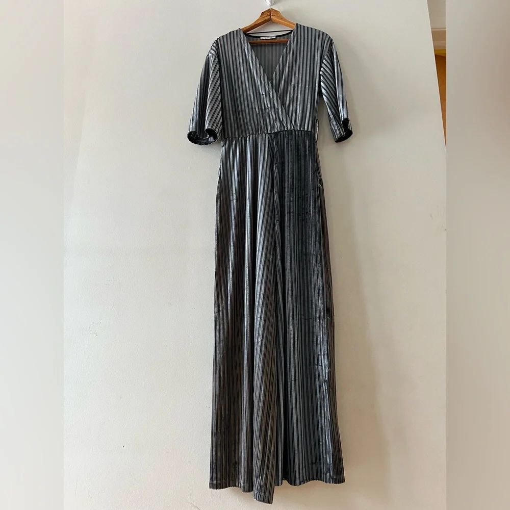 ZARA‎ Trafaluc Jumpsuit Velvet 3/4 Sleeve Striped Wide Leg Gray Blue Size Small